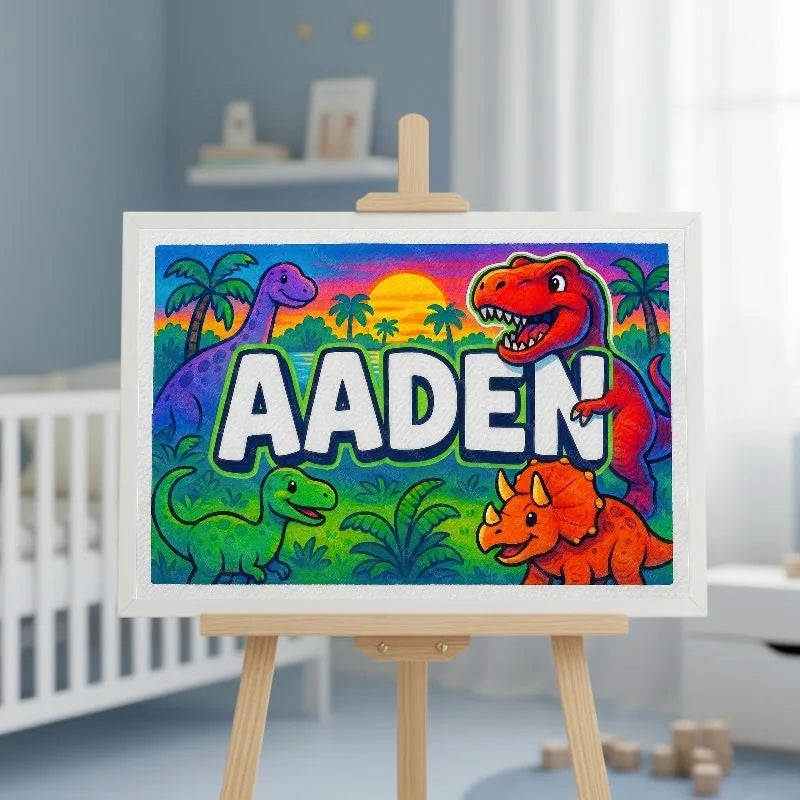 Aden Name Art - Dinosaur Adventure personalized wall print for kids