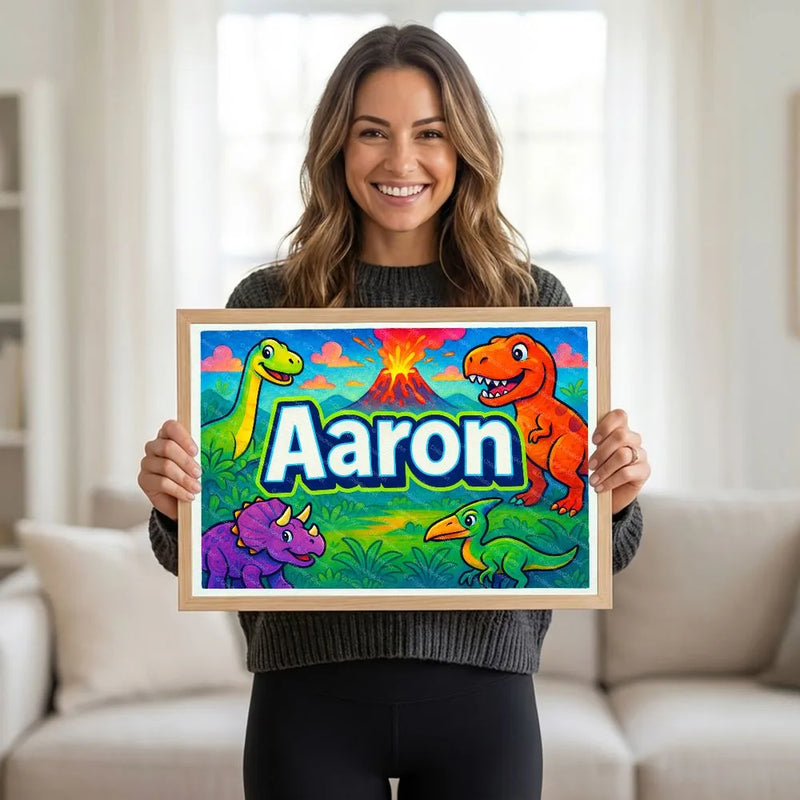 Adventurous personalized dinosaur name art for Aaron