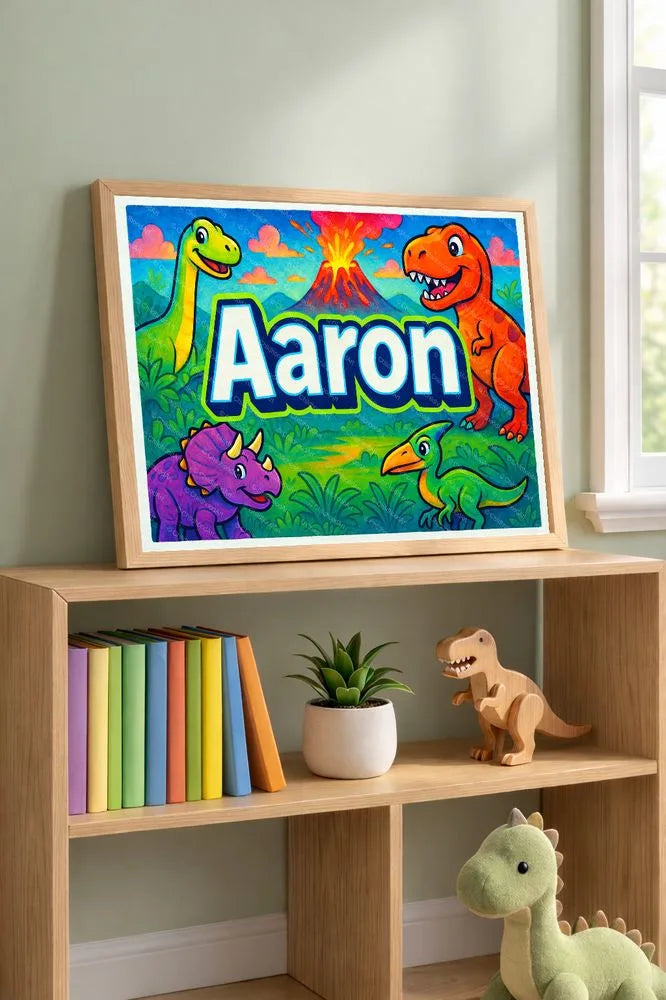Adventurous personalized dinosaur name art for Aaron