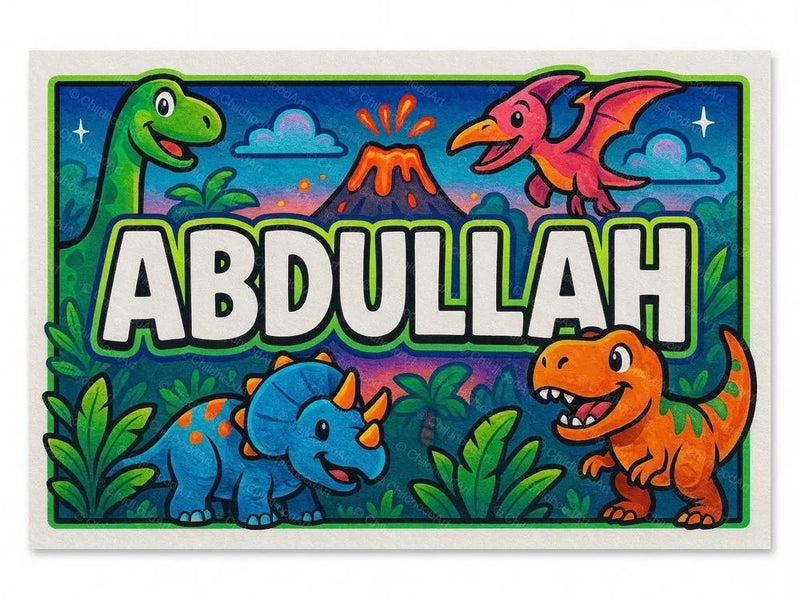 Abdullah Name Art - Dinosaur Adventure Personalized Wall Art