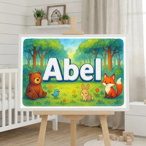 Calm personalized woodland name art for Abel