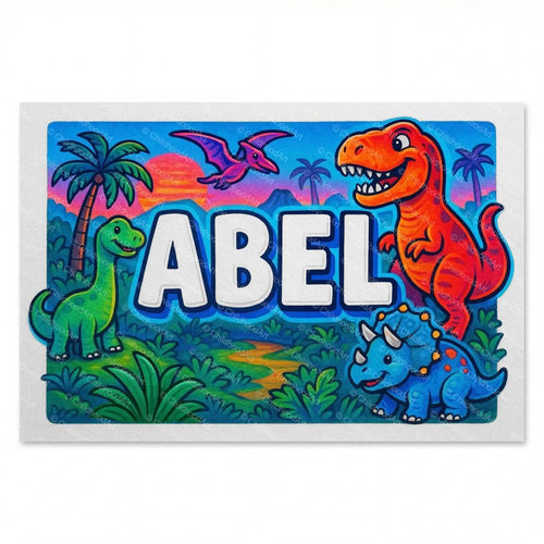 Adventurous personalized dinosaur name art for Abel