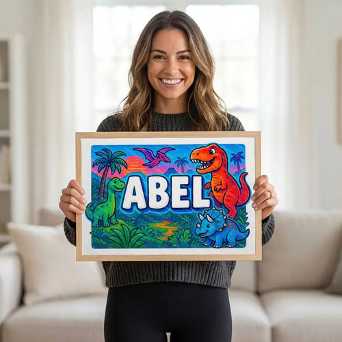 Adventurous personalized dinosaur name art for Abel