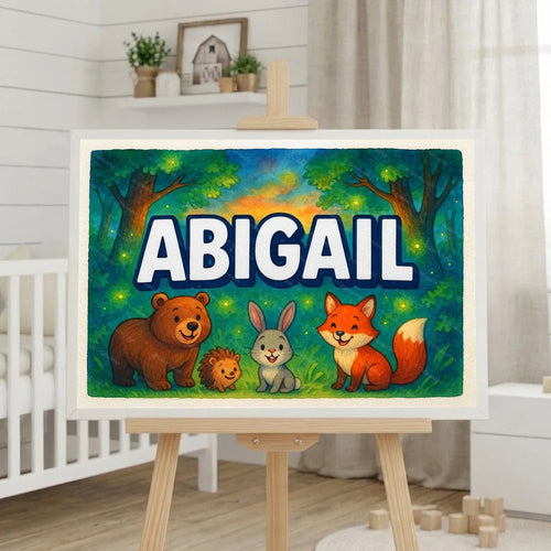 Calm personalized woodland name art for Abigail