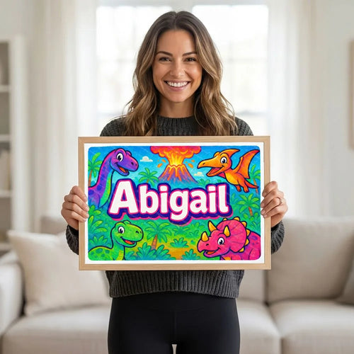 Adventurous personalized dinosaur name art for Abigail