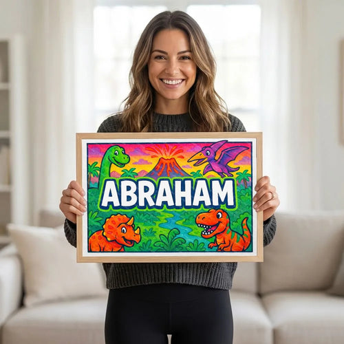 Adventurous personalized dinosaur name art for Abraham