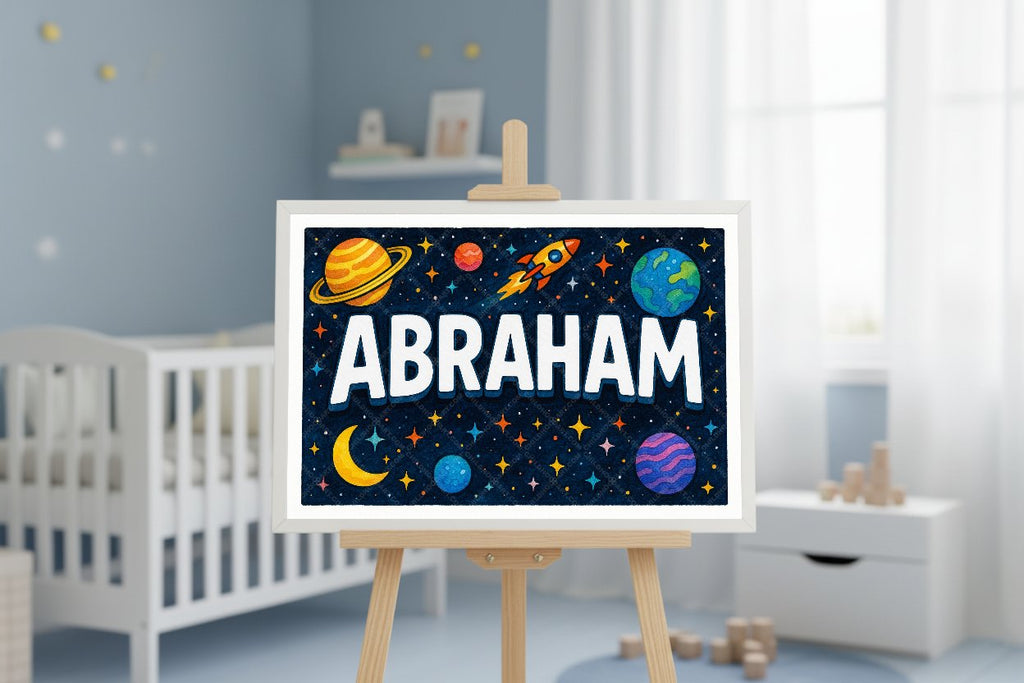 Personalized space nursery art for kids – Abraham name print