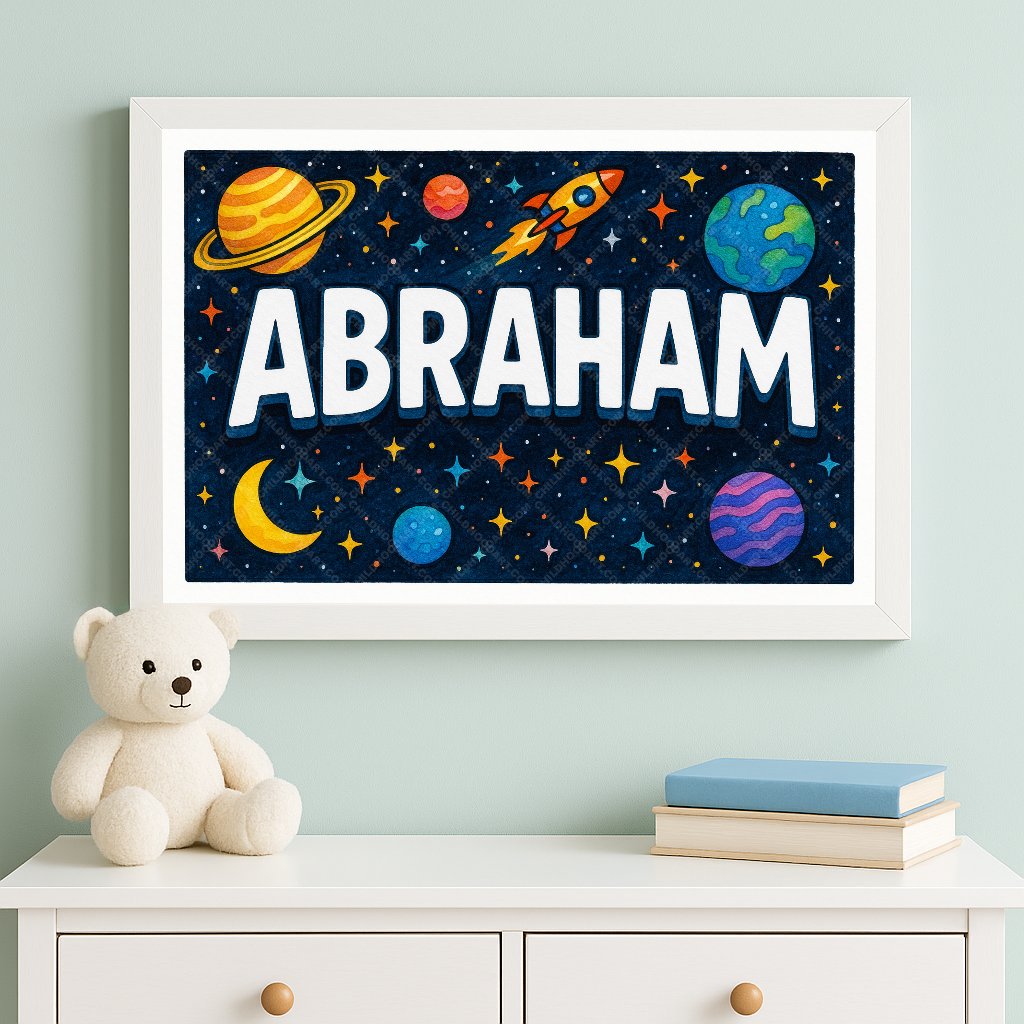 Personalized space nursery art for kids – Abraham name print
