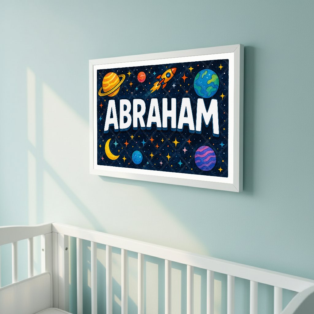 Personalized space nursery art for kids – Abraham name print