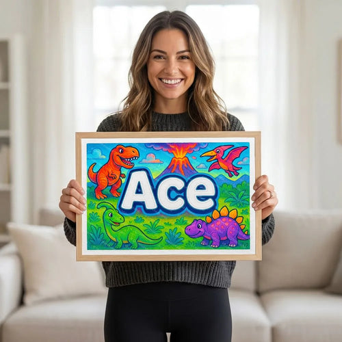 Adventurous personalized dinosaur name art for Ace