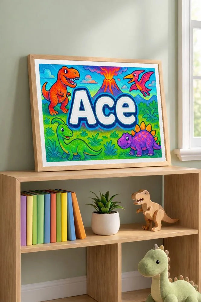Adventurous personalized dinosaur name art for Ace