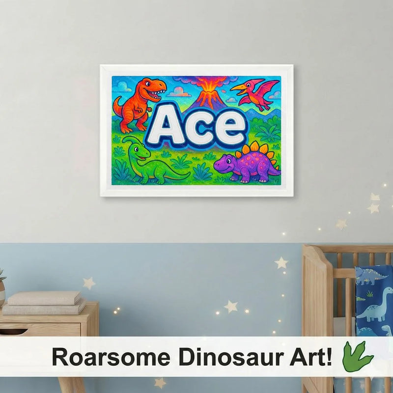 Adventurous personalized dinosaur name art for Ace