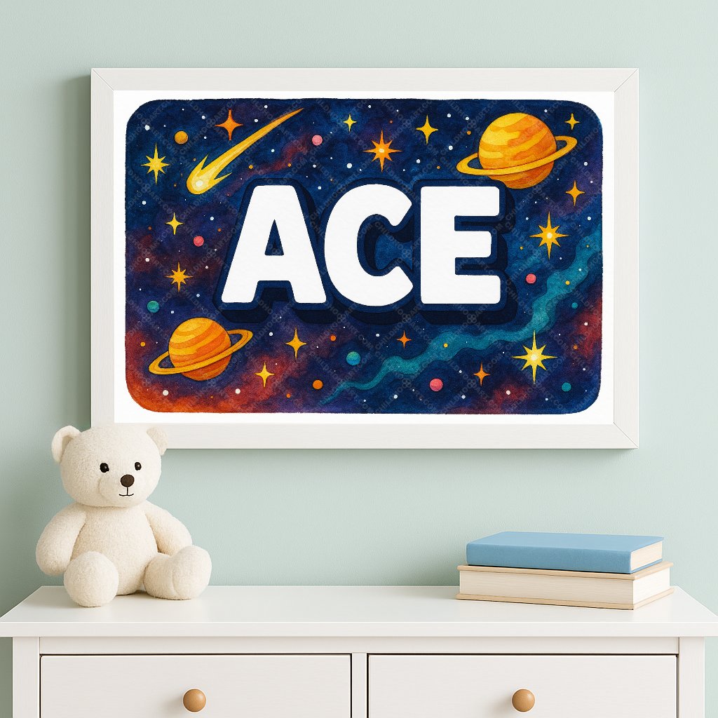 Personalized space nursery art for kids – Ace name print