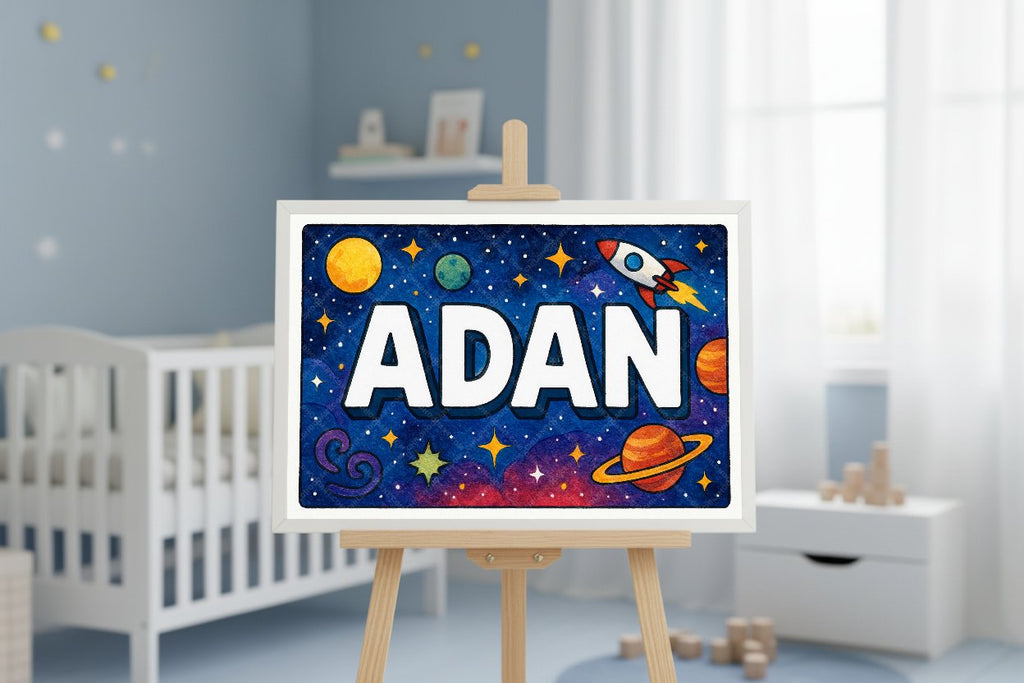 Personalized space nursery art for kids – Adan name print