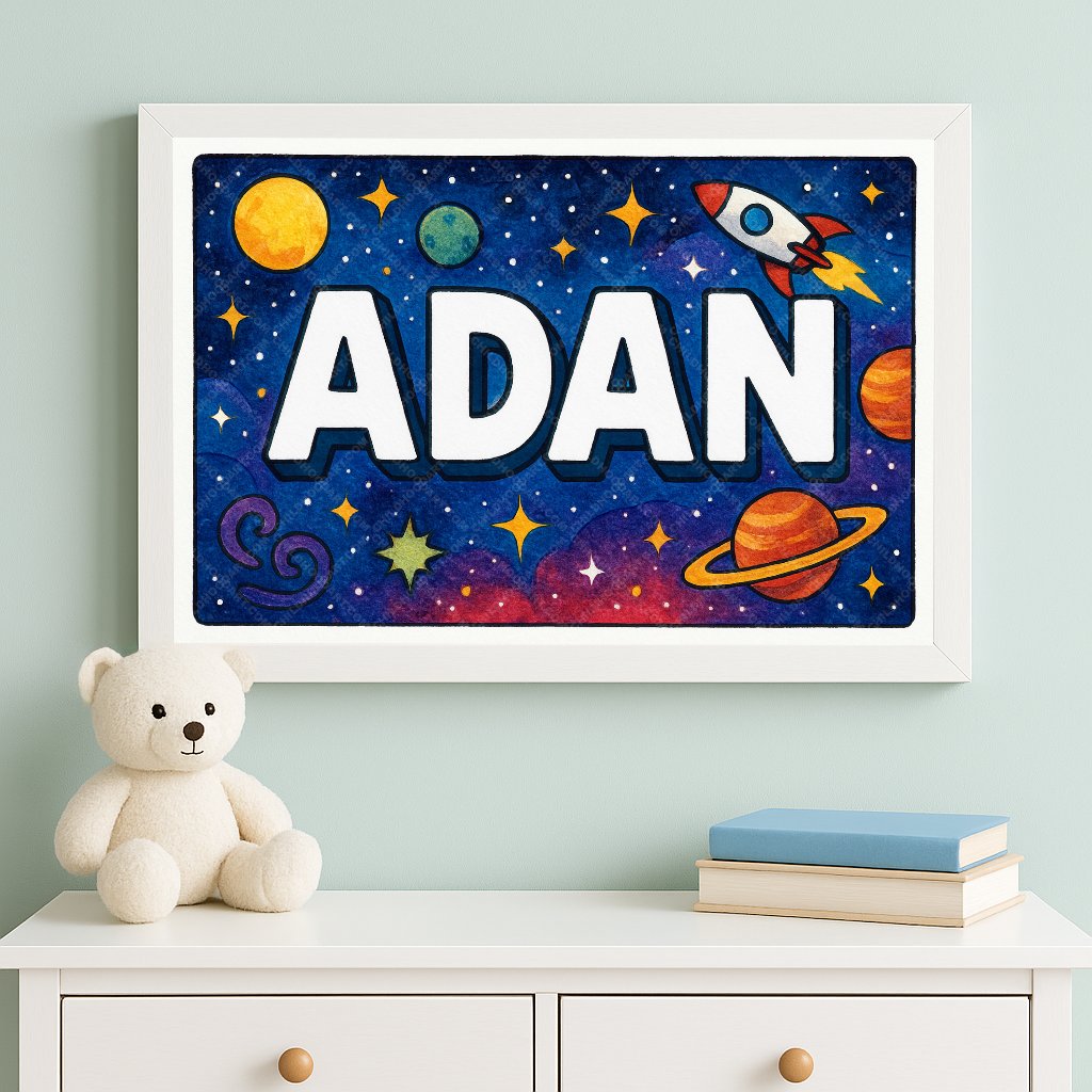 Personalized space nursery art for kids – Adan name print