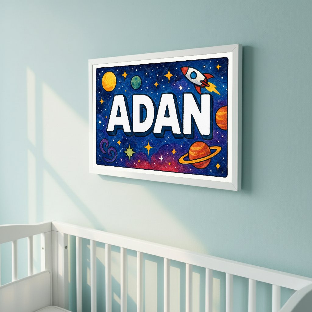 Personalized space nursery art for kids – Adan name print