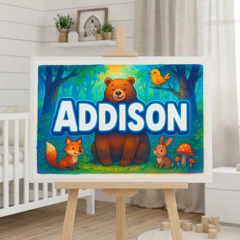Addison Name Art - Forest Friends personalized wall print for kids