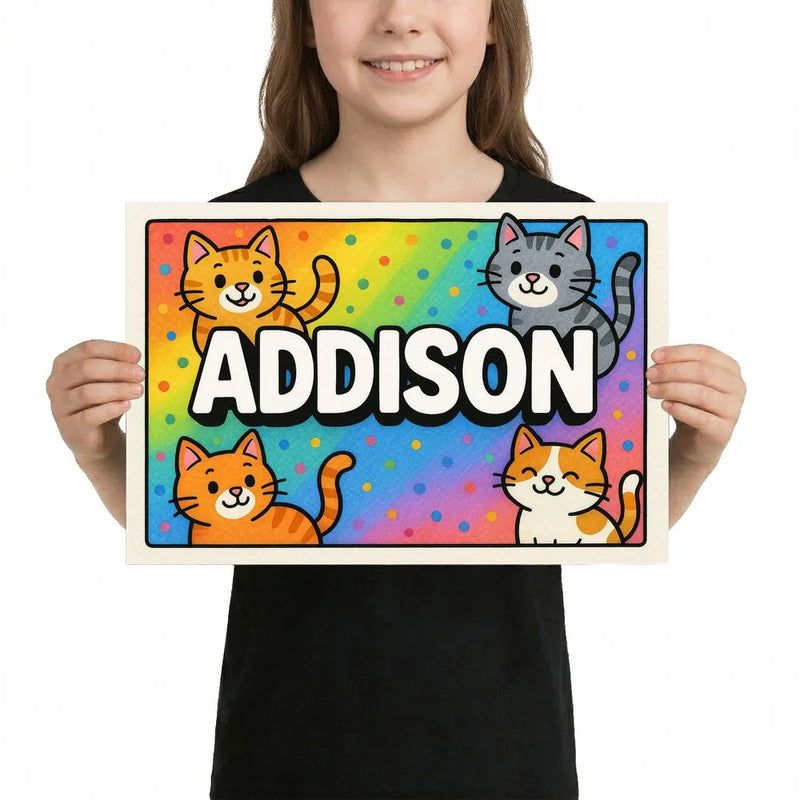 Addison Name Art - Colorful Cats personalized wall print for kids