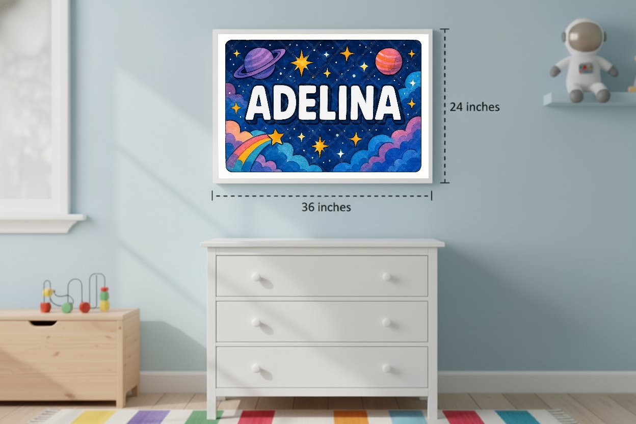 Personalized space nursery art for kids – Adelina name print