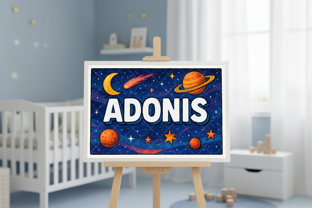 Personalized space nursery art for kids – Adonis name print
