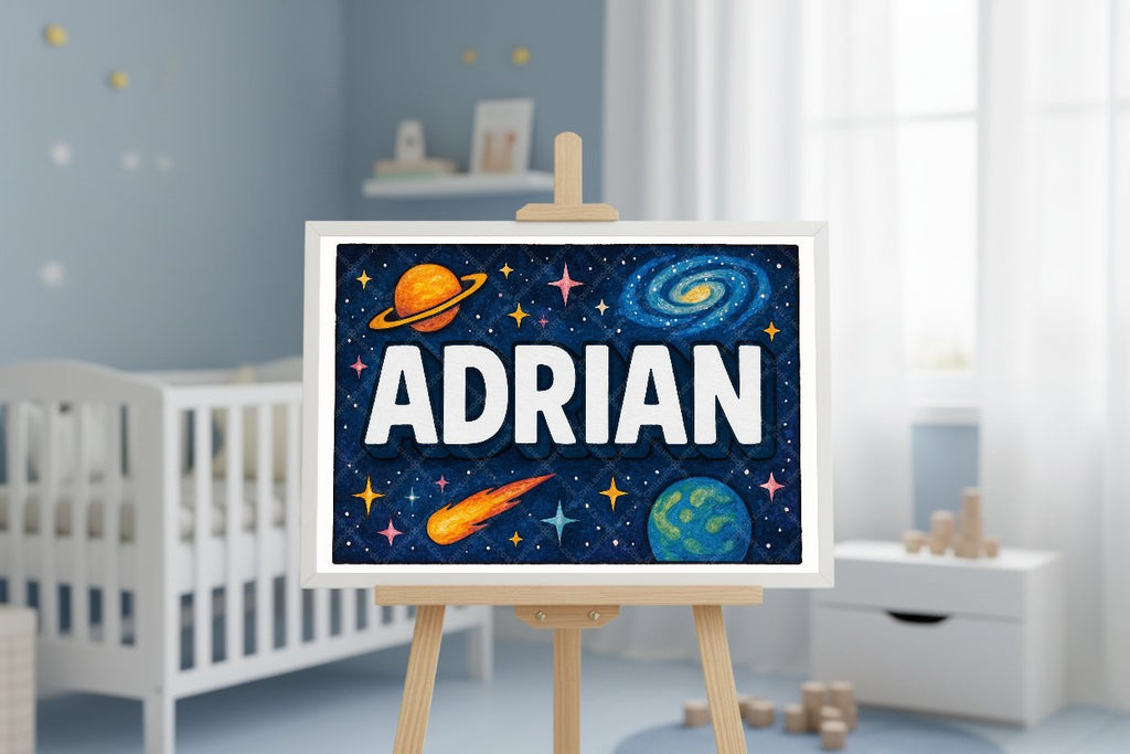 Personalized space nursery art for kids – Adrian name print