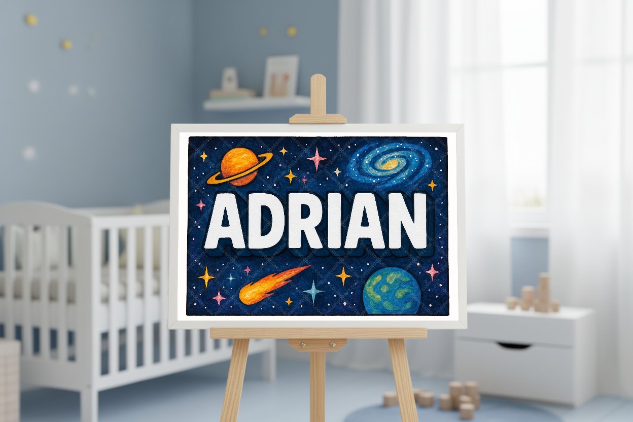 Personalized space nursery art for kids – Adrian name print