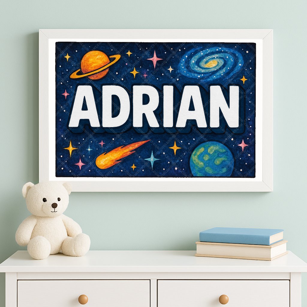 Personalized space nursery art for kids – Adrian name print