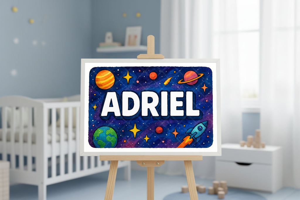 Personalized space nursery art for kids – Adriel name print