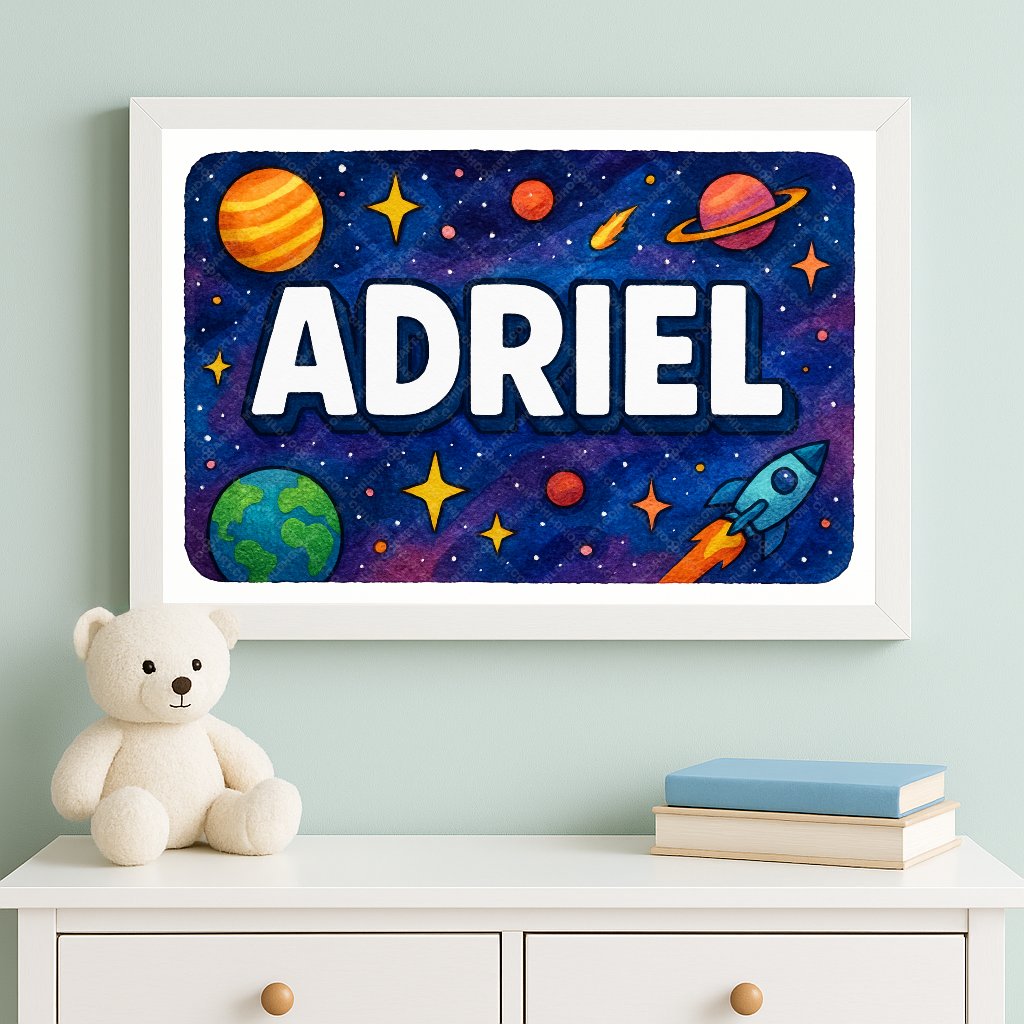 Personalized space nursery art for kids – Adriel name print