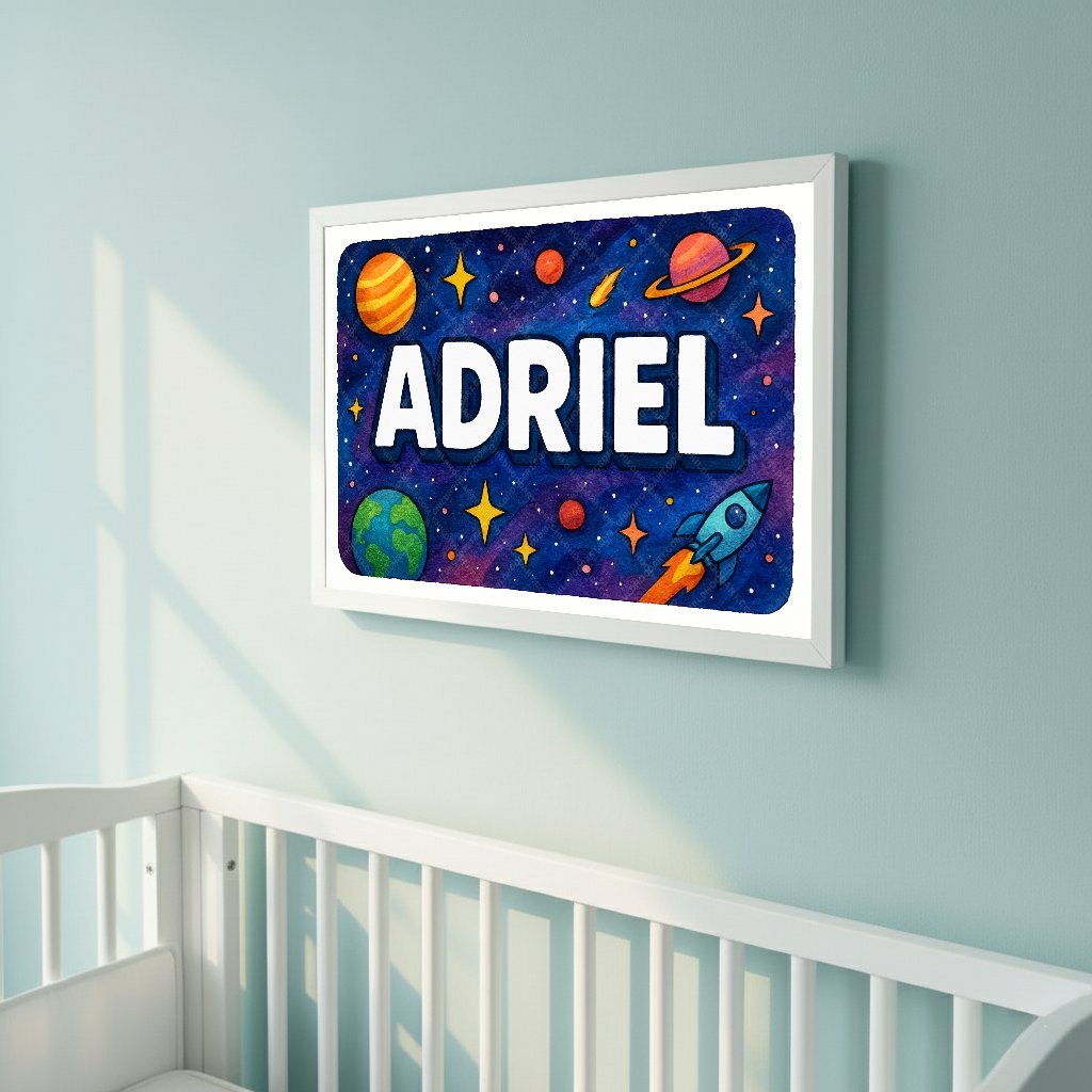 Personalized space nursery art for kids – Adriel name print