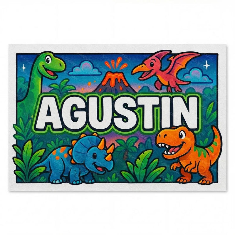 Agustin Name Art - Dinosaur Adventure personalized wall print for kids