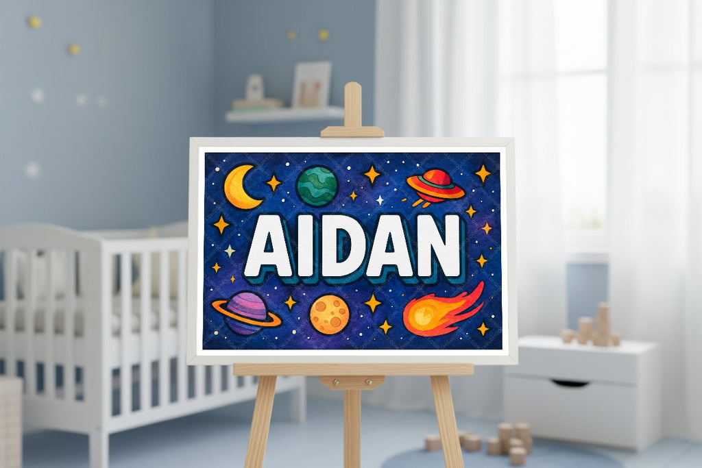 Personalized space nursery art for kids – Aidan name print