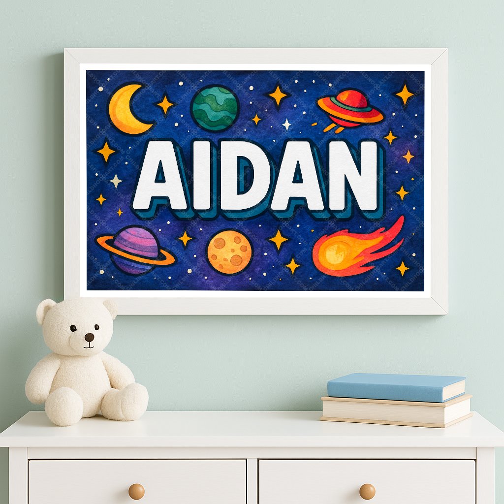 Personalized space nursery art for kids – Aidan name print
