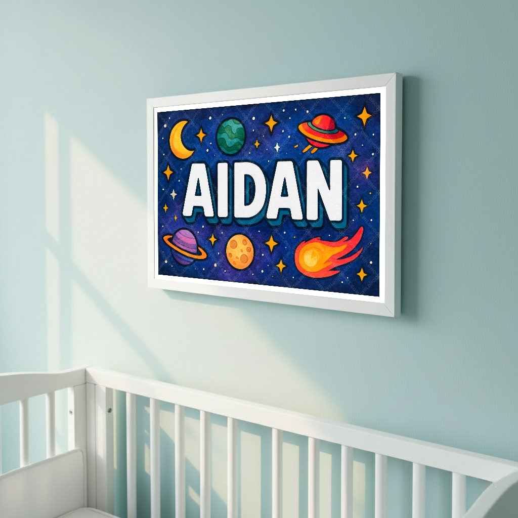 Personalized space nursery art for kids – Aidan name print