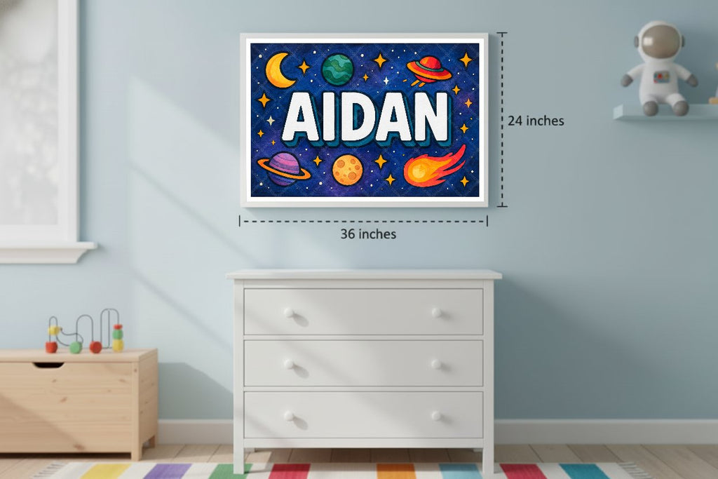 Personalized space nursery art for kids – Aidan name print