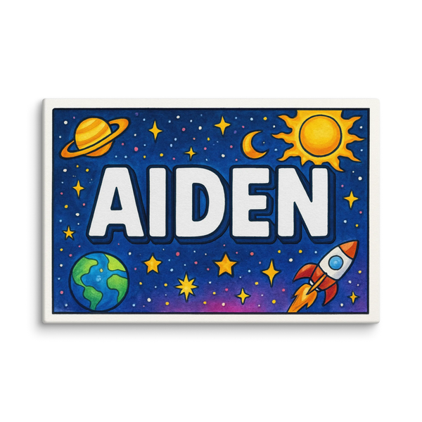 Space explorers themed name art featuring Aiden