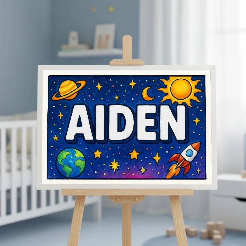 Aiden Name Art - Space Explorers personalized wall print for kids