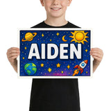 Aiden Name Art - Space Explorers personalized wall print for kids
