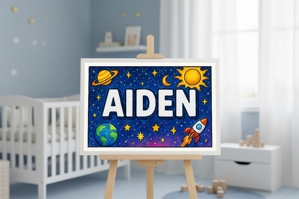 Personalized space nursery art for kids – Aiden name print
