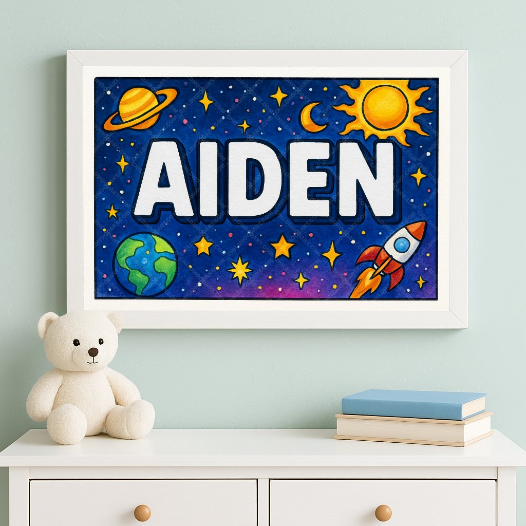 Personalized space nursery art for kids – Aiden name print