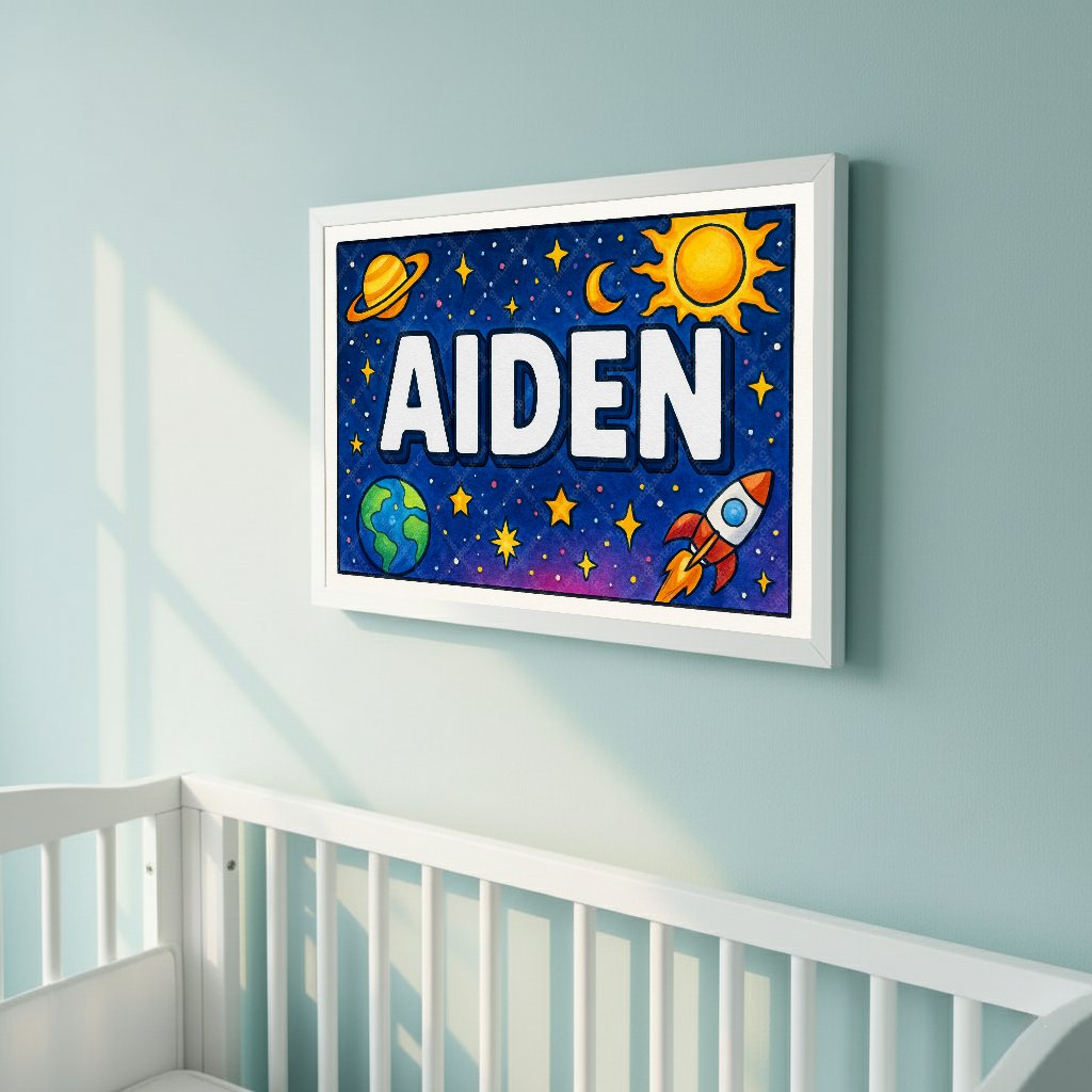 Personalized space nursery art for kids – Aiden name print