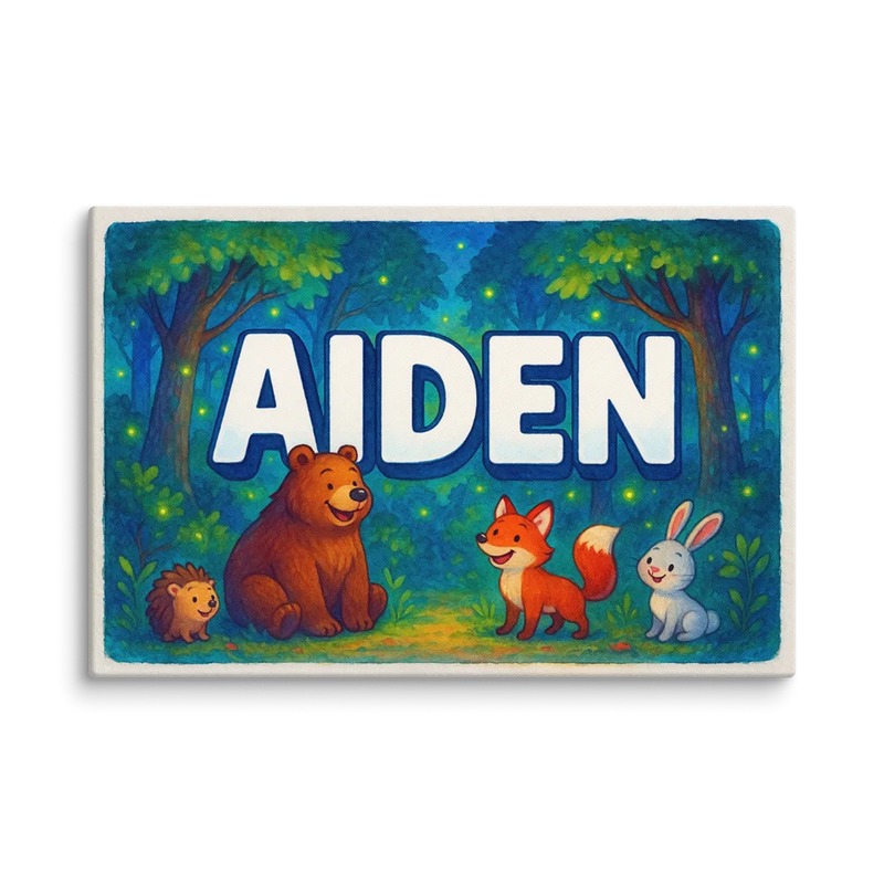 Aiden Name Art - Forest Friends personalized wall print for kids