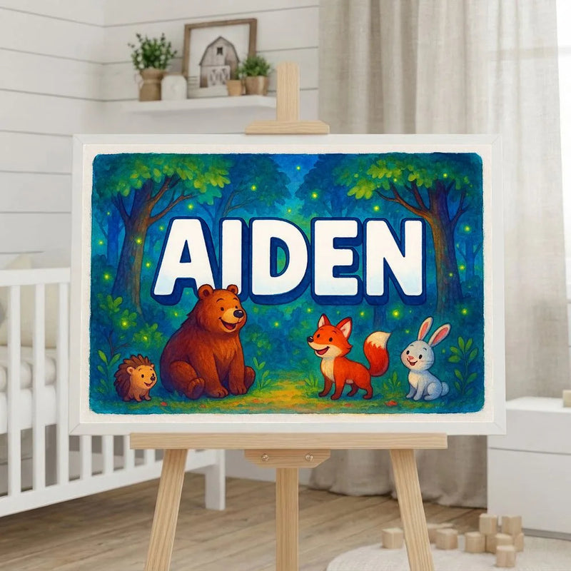 Aiden Name Art - Forest Friends personalized wall print for kids