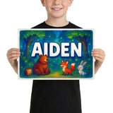 Aiden Name Art - Forest Friends personalized wall print for kids