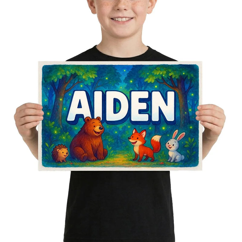 Aiden Name Art - Forest Friends personalized wall print for kids
