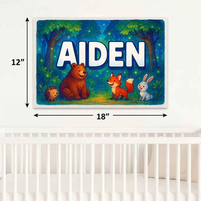 Aiden Name Art - Forest Friends personalized wall print for kids