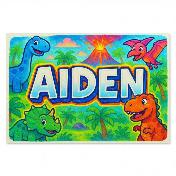 Personalized Aiden name art print in the Dinosaur adventure style