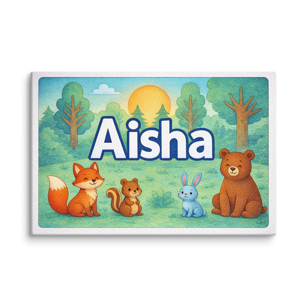 Forest friends themed name art featuring Aisha