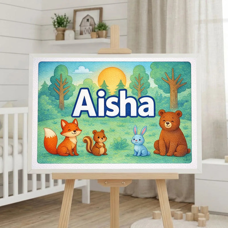 Aisha Name Art - Forest Friends personalized wall print for kids