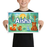 Aisha Name Art - Forest Friends personalized wall print for kids